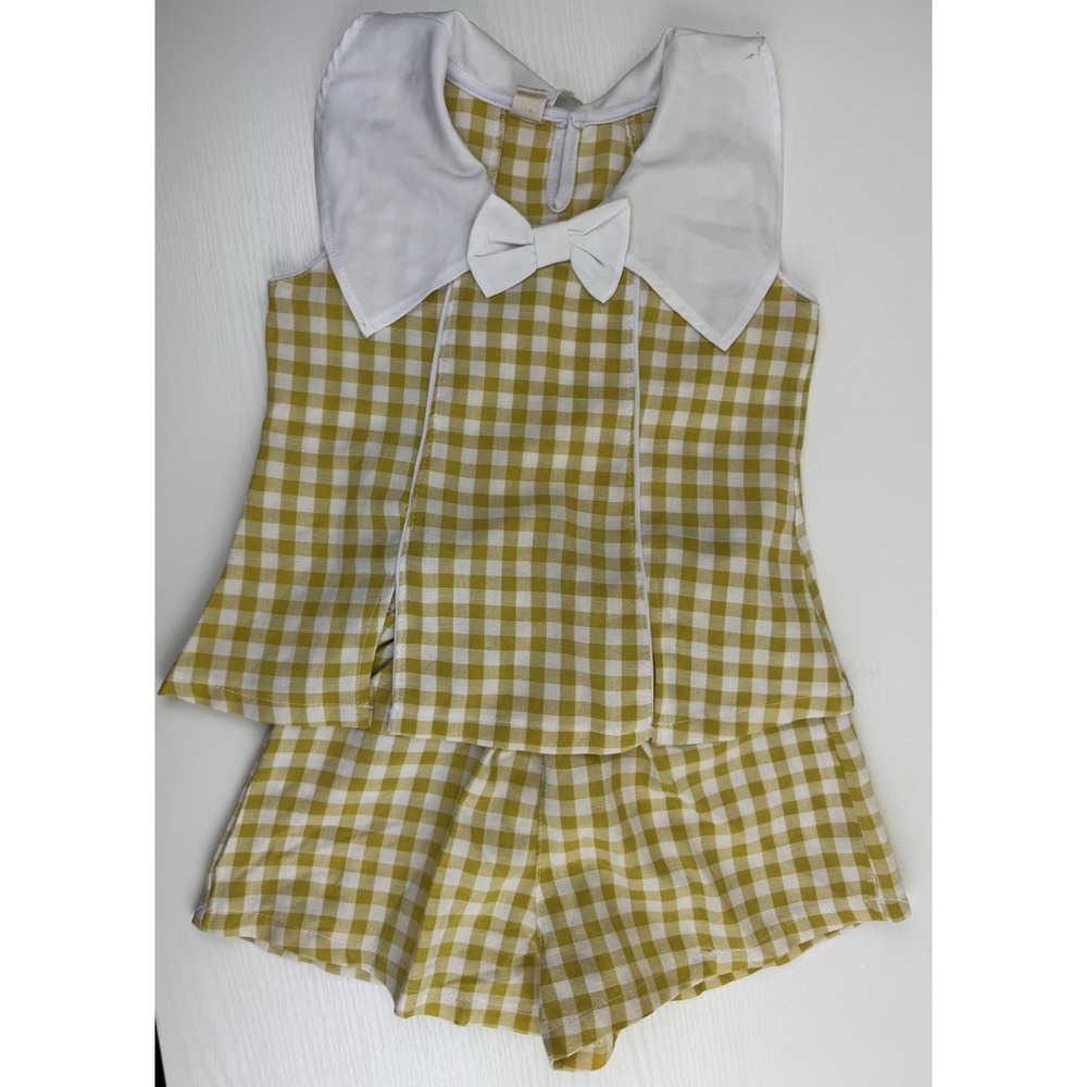 Toddler 3T 2PC Yellow Gingham Set Mod Retro Cottage Peter Pan Collar Bow Outfit